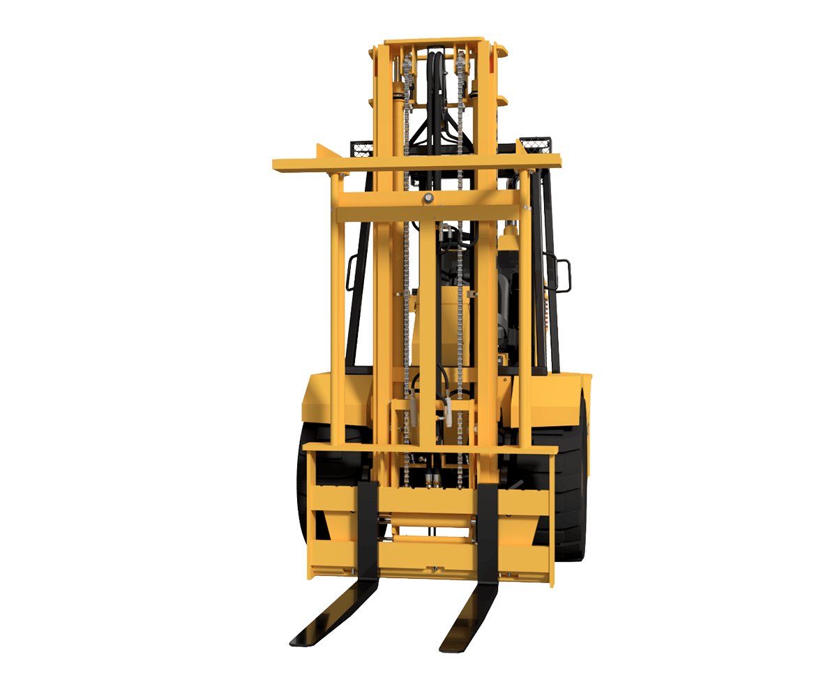 Harlo H4 Compact Series rough terrain forklift, front view showing mast and forks