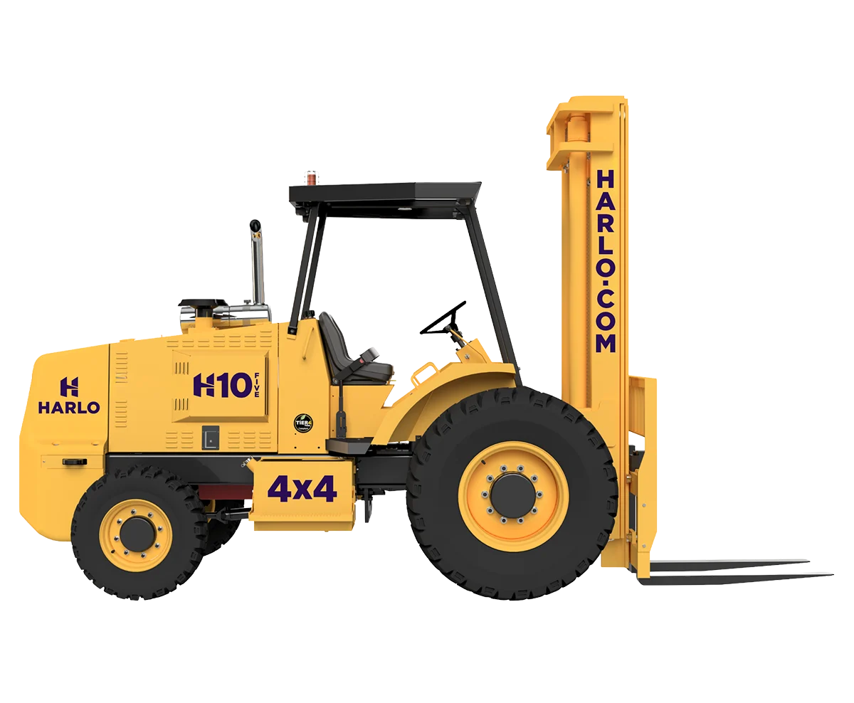 Harlo H10 Series rough terrain forklift with mast raised, side angle view
