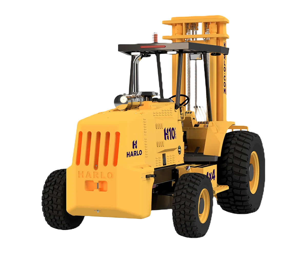 Harlo H10 Series rough terrain forklift, front three-quarter angle view