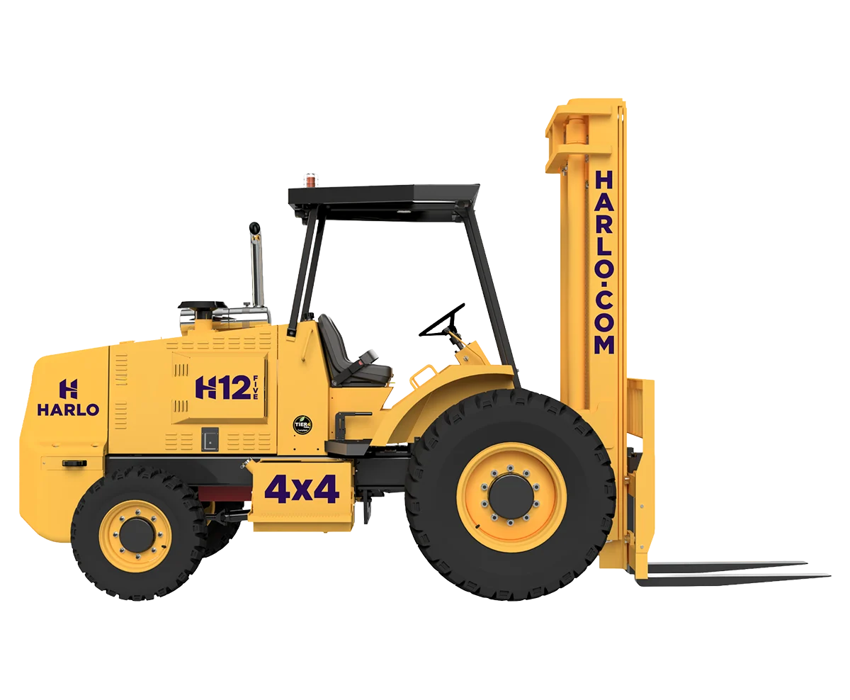 Harlo H12 Series rough terrain forklift with mast raised, side angle view