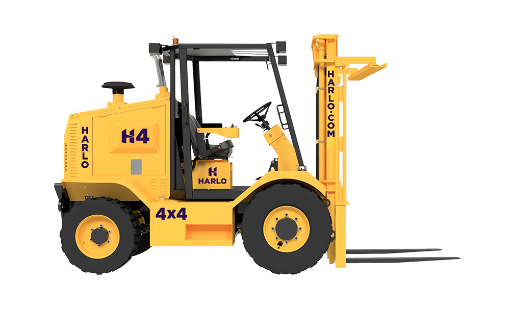 Harlo H4 Series 4×4 Rough Terrain Forklift – Side View Harlo H4 Series 4x4 rough terrain forklift, side view