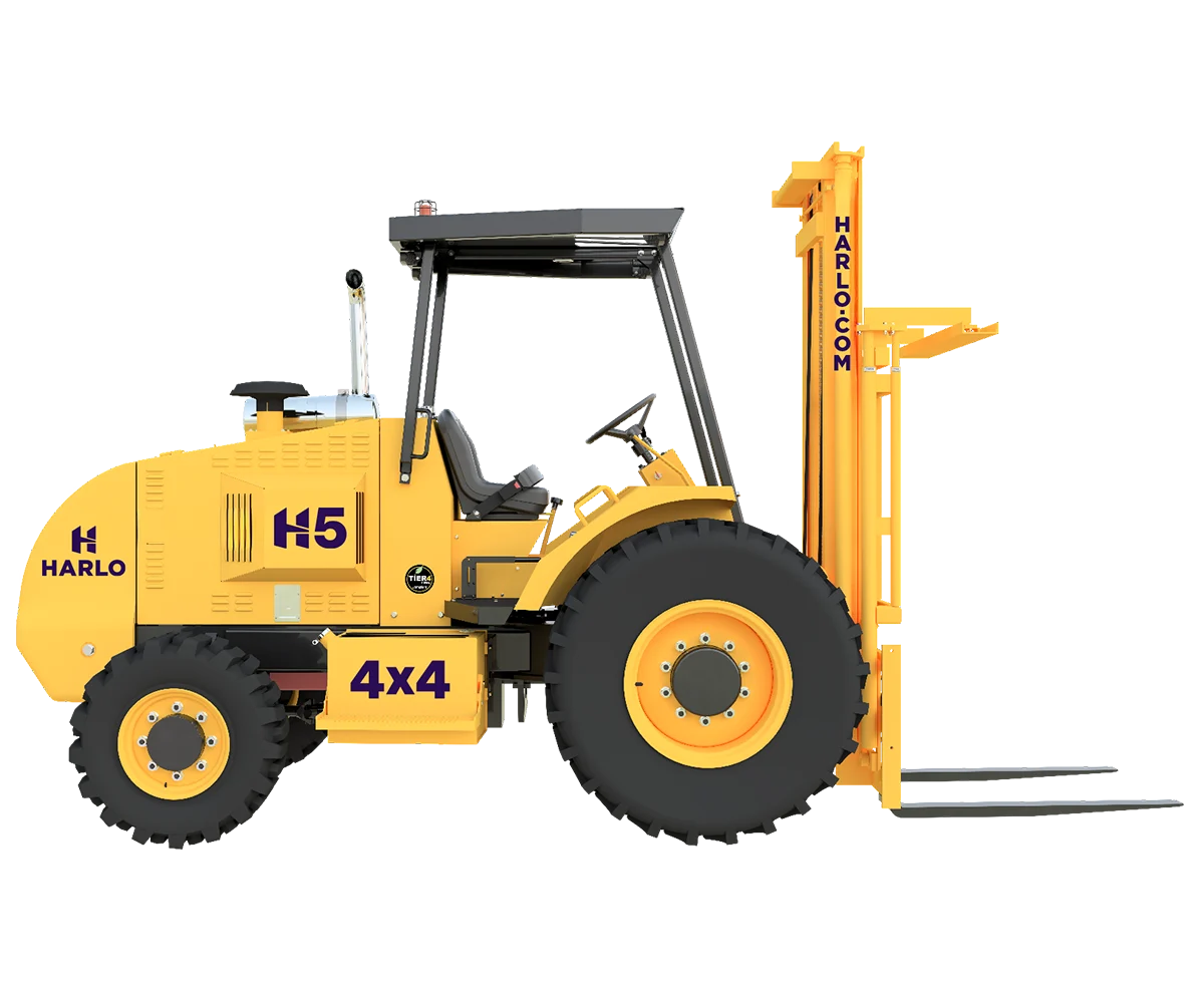 Harlo H5 Series rough terrain forklift with mast raised, side angle view