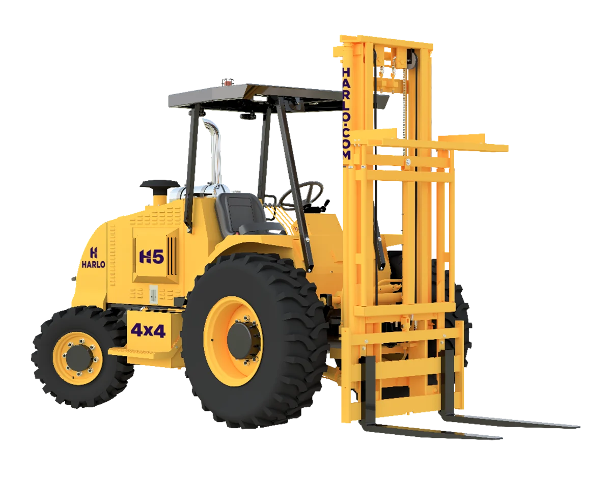 Harlo H5 Series rough terrain forklift, front view showing mast and forks
