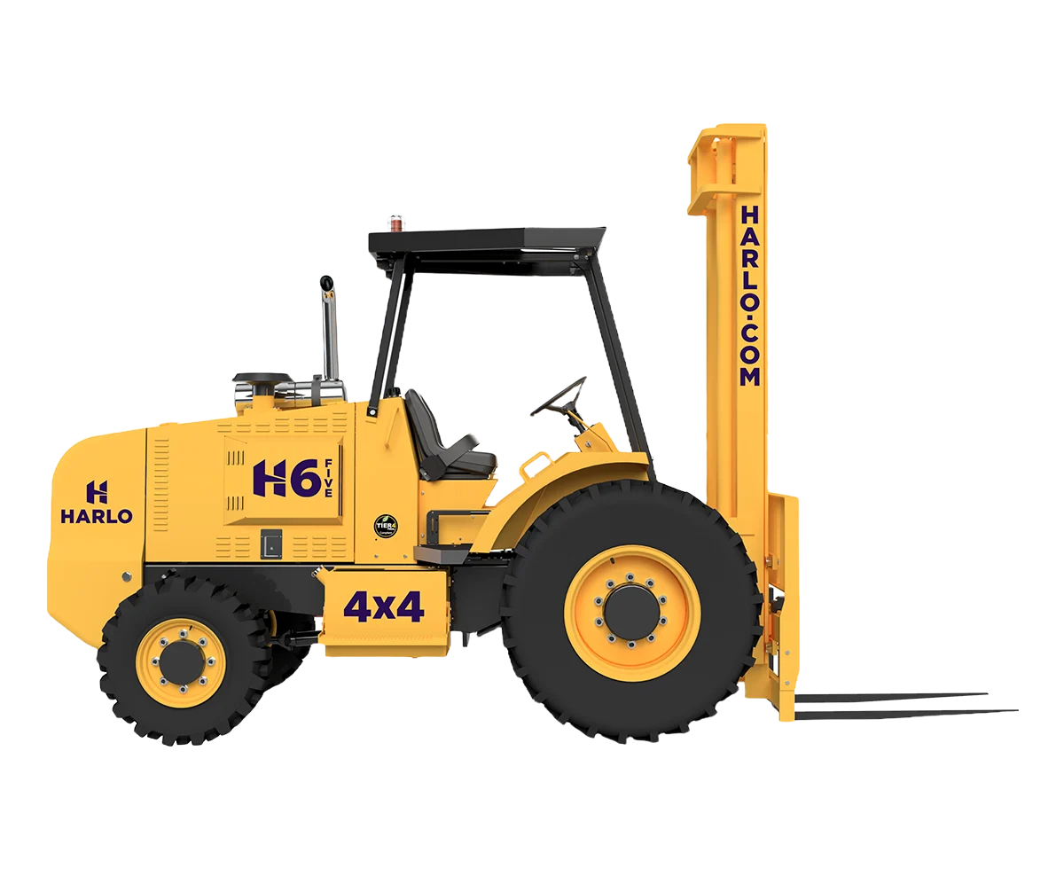 Harlo H6 Series rough terrain forklift with mast raised, side angle view