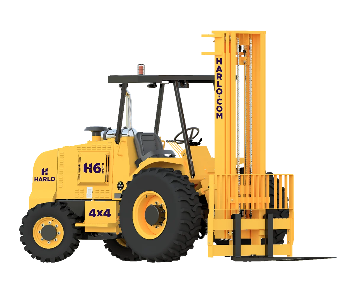 Harlo H6 Series rough terrain forklift, front three-quarter angle view