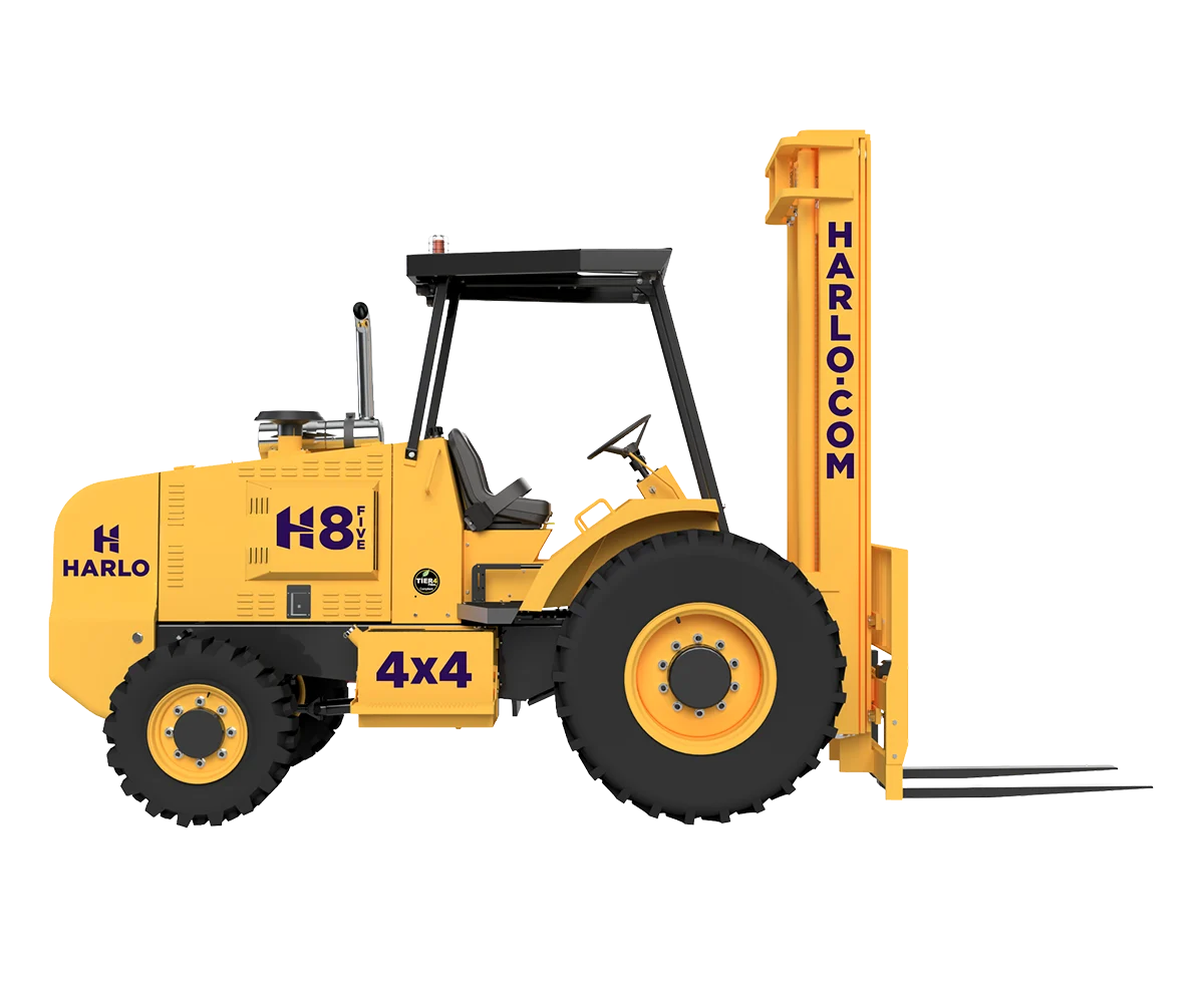 Harlo H8 Series rough terrain forklift with mast raised, side angle view
