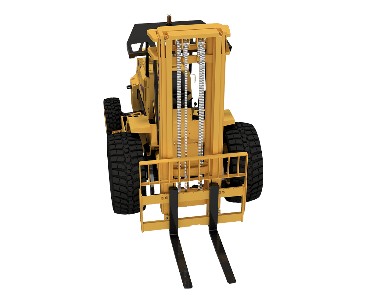 Harlo H10 Series rough terrain forklift, front view showing mast and forks