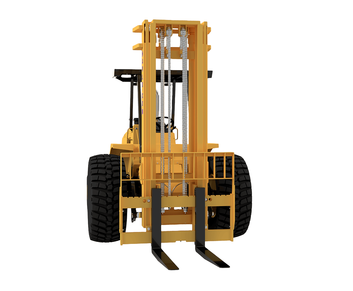 Harlo H12 Series rough terrain forklift, front view showing mast and forks