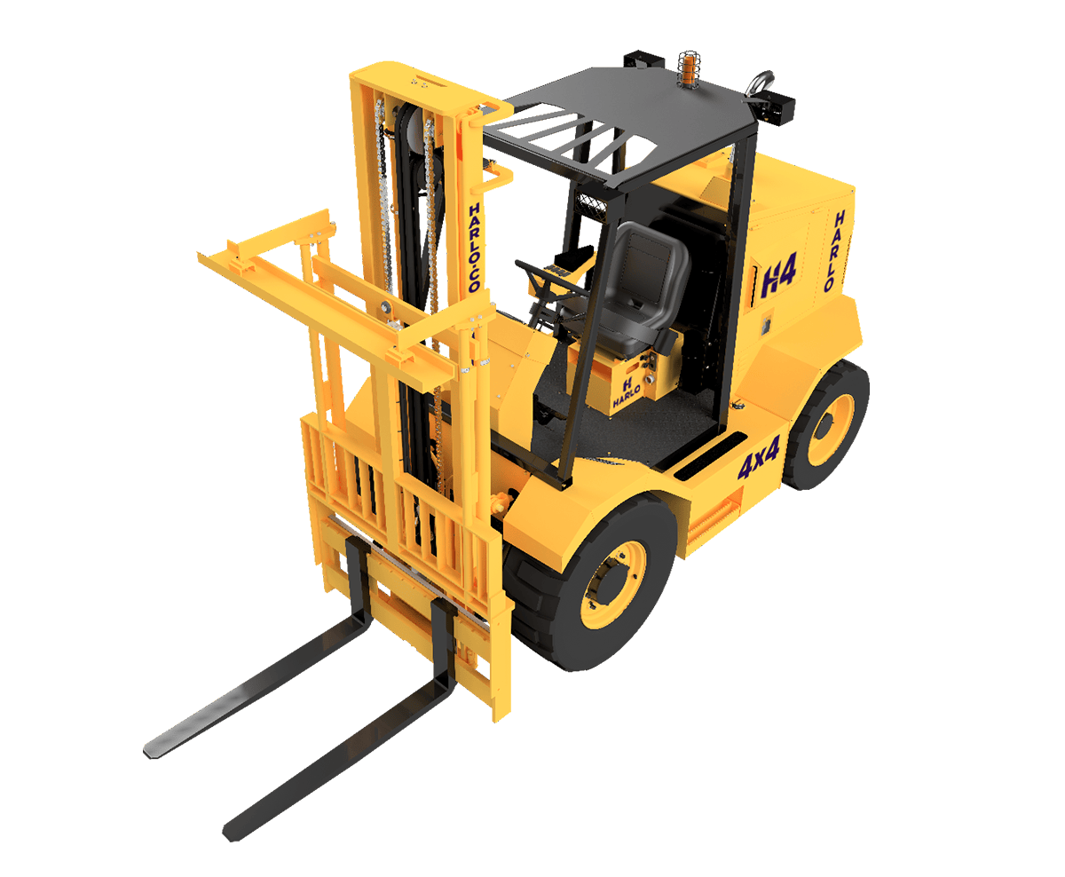 Harlo H4 Series 4x4 rough terrain forklift, top-front angle view