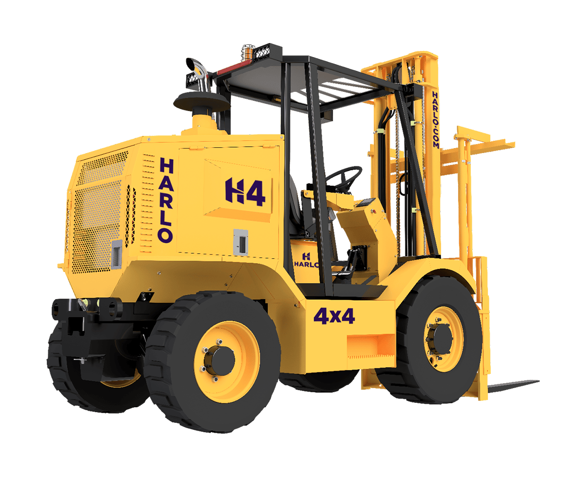 Harlo H4 Series 4x4 rough terrain forklift, front three-quarter angle view