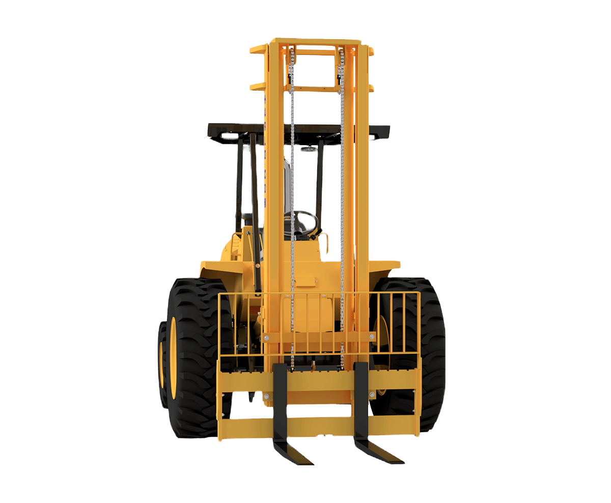 Harlo H6 Series rough terrain forklift, front view showing mast and forks